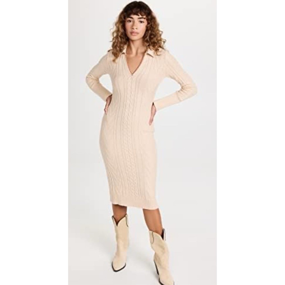 MONROW Women Size Medium Cable Knit Wool‎ Blend Sweater Polo Dress Tan